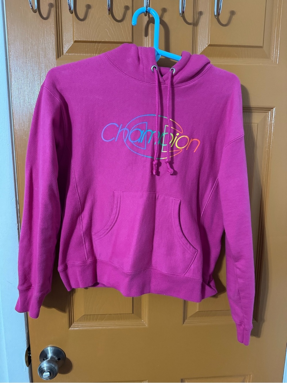 Champion Women's Magenta Pullover Hoodie with Multicolor Logo